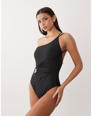 Mango One Shoulder Ruched Swimsuit With Gold Accent - Black