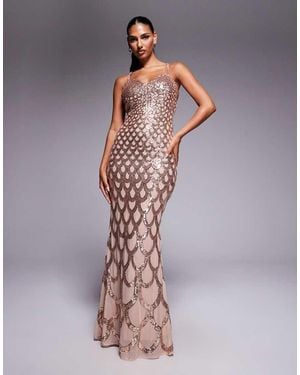 Goddiva Diamante Strap Fish Scale Sequin Maxi Dress - Metallic