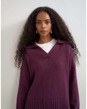 TOPSHOP Knitted Curved Hem Collared Polo Jumper With Wool - Purple