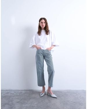 TOPSHOP Stripe Cropped Mid Rise Straight Leg Trouser - White