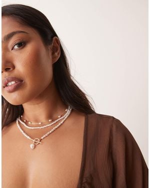 ASOS Asos Design Curve Multi-row Necklace With Faux Pearls And T-bar Detail - Brown