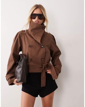 Mango Cropped Funnel Neck Belted Trench - Brown