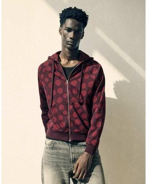Bershka Hooded Zip-up Print Sweatshirt - Red