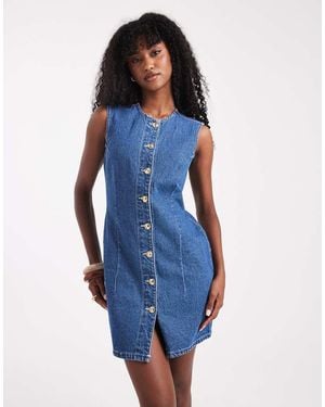 New Look Cinched Waist Denim Mini Dress - Blue