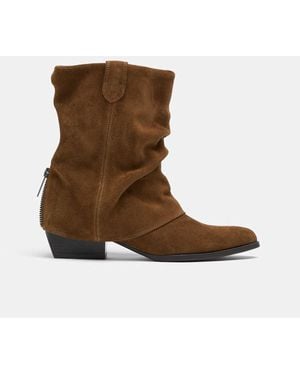 Stradivarius Leather Slouchy Cow-Style Mid-Heel Joots - Brown