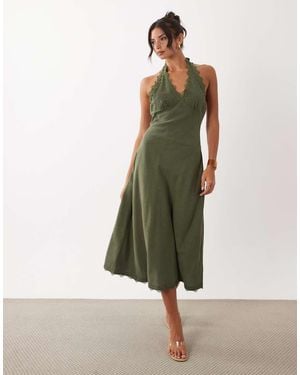Lioness Stars Align Linen Rich Halterneck Lace Trim Low Back Midi Dress - Green