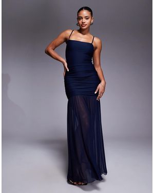 Kaiia Exclusive Structured Square Neck Contrast Skirt Sheer Hem Maxi Dress - Blue