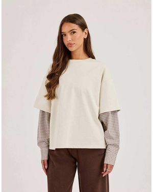 CERNUCCI Oversized Layered Check Sleeve T-Shirt - Natural