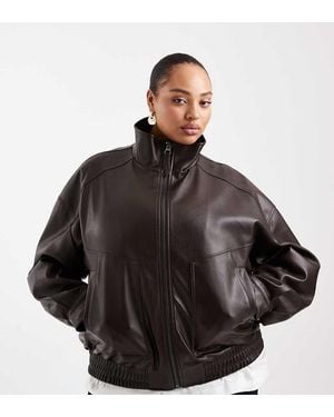 ASOS Asos Design Curve Oversized Leather Look Funnel Bomber Jacket - Brown