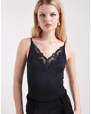 Pieces Lace Trim Bodysuit - Black