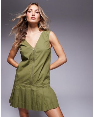 ASOS Zip Through Twill Mini Pinafore Dress With Pleated Skirt - Green