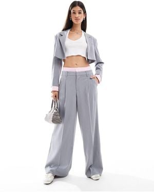 Bershka Striped Waistband Wide Leg Tailored Trousers - White