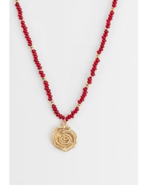 ASOS Necklace With Burgundy Beads And Shell Pendant - White