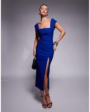 Vesper Bengaline Square Neck Thigh Split Midi Dress - Blue