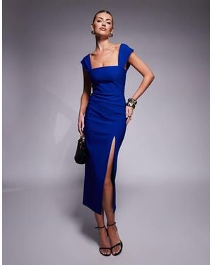 Vesper Bengaline Square Neck Thigh Split Midi Dress - Blue