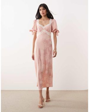 Hope & Ivy Vestido Midi De Jacquard Satinado Con Mangas Anudadas Y Ribete De Encaje - Rosa