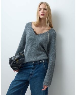 Vero Moda V-neck Knitted Jumper With Lace Detail - Blue