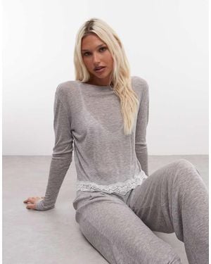 ASOS Semi Sheer Long Sleeve Top With Lace Trim - Grey