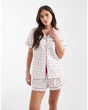 Loungeable Short Sleeve Dobby Shirt And Short Pajama Set - White