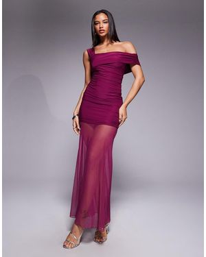 Kaiia Exclusive Double Layered Slinky Asymmetric One Shoulder Sheer Hem Maxi Dress - Purple