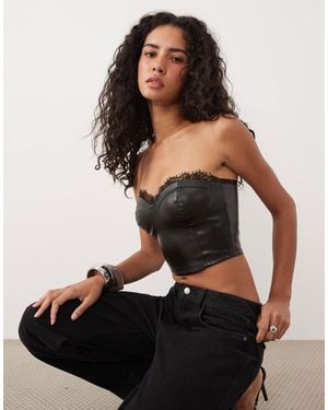 Miss Selfridge Faux Leather Bandeau Top With Lace Trim - Black