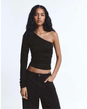 Pull&Bear Asymmetric Draped Rhinestone Top - Black