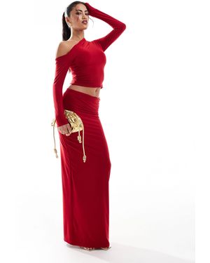 Kaiia Slinky Ruched Folded Waist Column Maxi Skirt Co-Ord - Red