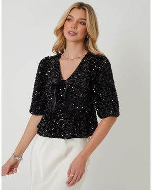 Threadbare Sequin Velour Bow Detail Blouse - Black