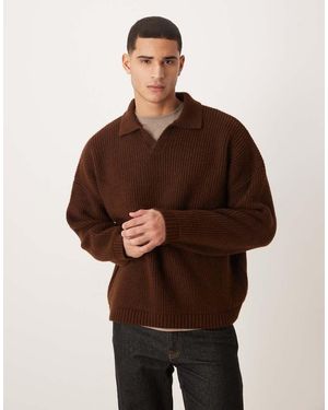 ASOS Super Oversized Boxy Fit Knitted Fisherman Rib Notch Neck Jumper - Brown