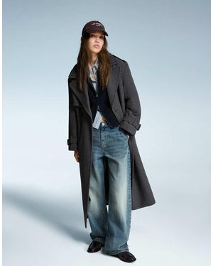Bershka Oversize Felt Texture Trench Coat - Blue