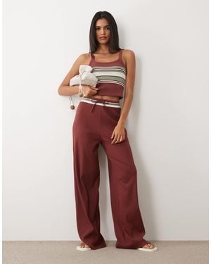 4th & Reckless Ribbed Stripe Wide Waistband Drawstring Waist Wide Leg Trousers Co-Ord - Red