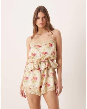 ASOS Satin Playsuit With Lace Trims - Natural