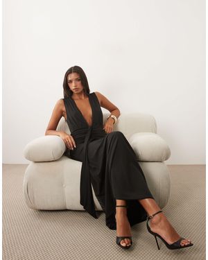 ASOS Mesh Deep V Neck Maxi Dress With Waist Wrap Detail - Black