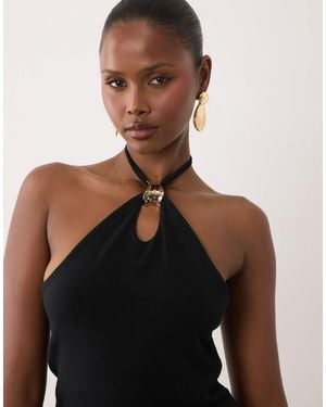 ASOS Compact Cotton Keyhole Halter Neck Top With Gold Trim - Black
