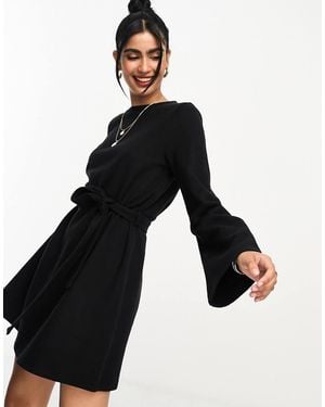 ASOS Super Soft Flare Sleeve Jumper Swing Mini Dress With Belt - Black
