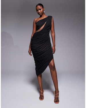 JLUXLABEL Aura One Shoulder Draped Cut Out Asymmetric Midi Dress - Blue