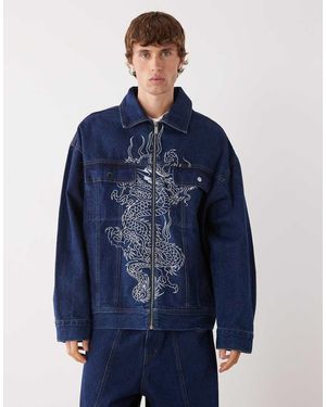 Ed Hardy Dragon Embroidery Denim Jacket - Blue