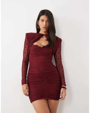 Ruched & Ready Lace Hotfix Shoulder Pad Cut Out Detail Ruched Front Mini Dress - Red