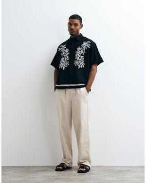 ASOS Linen Blend Oversized Shirt With Floral Embroidery - Black