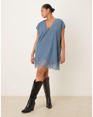 ASOS Asos Design Curve Cord Lace Trim Shift Mini Dress - Blue