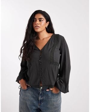 ASOS Asos Design Curve Textured Long Sleeve Lace Insert Blouse - Black