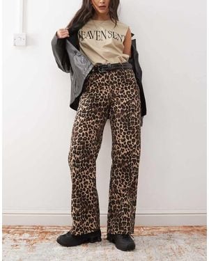 Monki Pantaloni Marroni Leopardati A Vita Medio Alta - Marrone