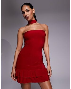 Kaiia Exclusive Double Laye Slinky Scarf Detail Strapless Ruffle Hem Mini Dress - Red