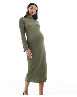 Mama.licious Mamalicious Maternity Ribbed Midi Dress With Lettuce Edge Detail - Green