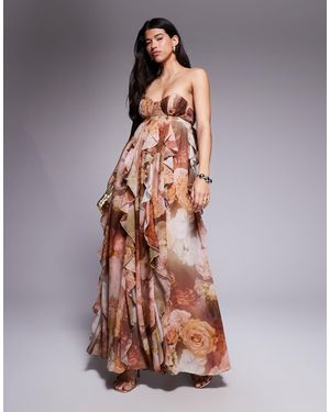 ASOS Halter Maxi Dress With Waterfall Ruffles - Brown