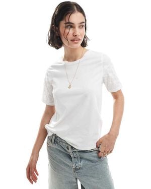 Pieces Boxy Fit Tee With Broderie Sleeves - White
