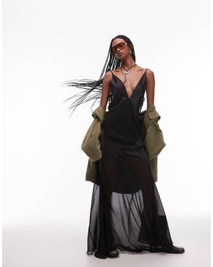 ASOS Satin Sheer Panel Maxi Slip Dress - Black