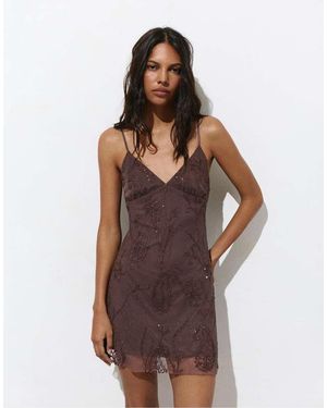 Pull&Bear Short Strappy Beaded Dress - Brown