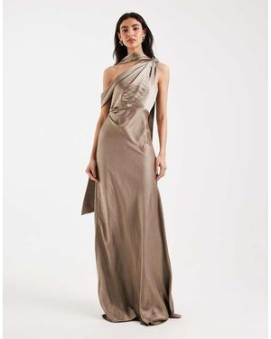 Six Stories Bridesmaids Satin Scarf Detail One Shoulder Maxi Dress - Natural