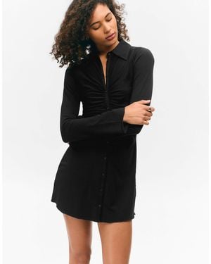 Monki Ruched Front Long Sleeve Mini Shirt Dress - Natural